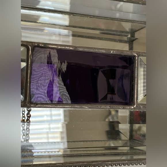 Vintage Jewelry Trinket Box Purple Stain Glass Clear Beveled Mirror Chain Hinged - Picture 8 of 12